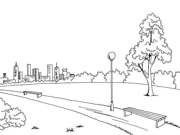 ilustrações, clipart, desenhos animados e ícones de parque da luminária de mesa preto em branco desenho de ilustração vetorial da paisagem - banco de parque