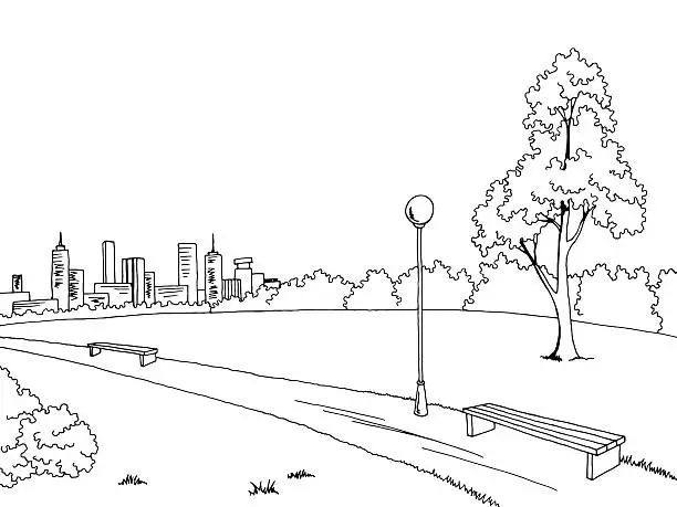Vector illustration of Park graphic black white bench lamp landscape sketch illustration vector