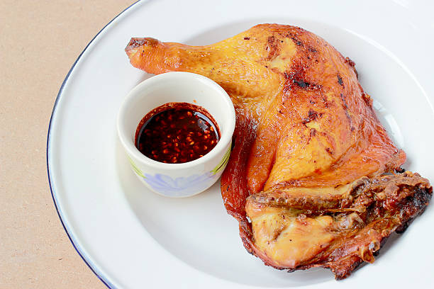 istock grilled chicken legs in white plate with spicy sauce. 617736632