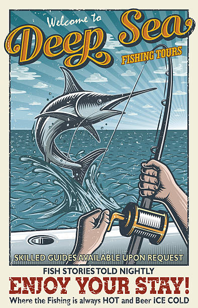 illustrazioni stock, clip art, cartoni animati e icone di tendenza di poster vintage per la pesca d'altura - pesca daltura