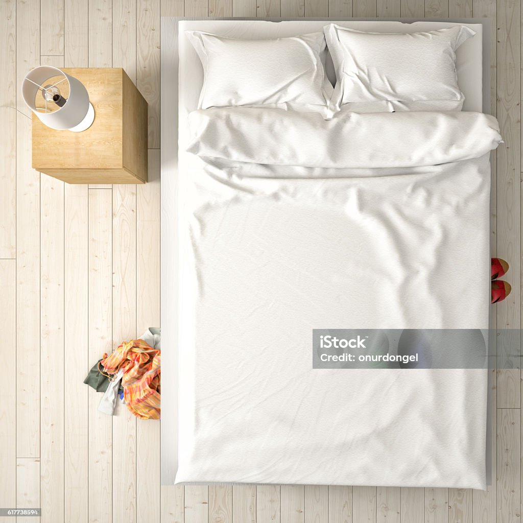 Empty bed, overhead view Bed - Furniture Stock Photo