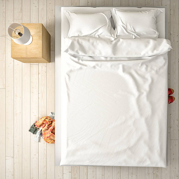 empty bed, overhead view - bedding bedroom duvet pillow imagens e fotografias de stock