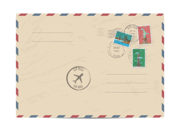 illustrations, cliparts, dessins animés et icônes de enveloppe postale vintage avec timbres - lettre par avion