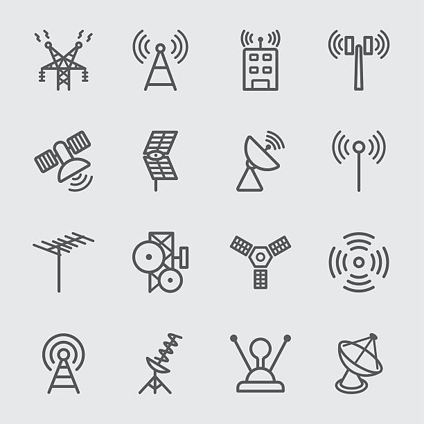 ilustraciones, imágenes clip art, dibujos animados e iconos de stock de icono de antena y línea de satélite - tv signal