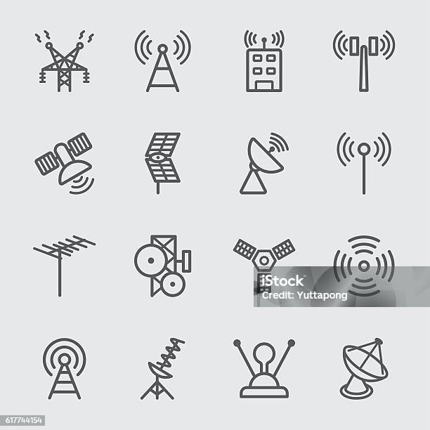Antenna And Satellite Line Icon Stock Illustration - Download Image Now - Icon Symbol, Satellite, Communications Tower