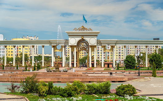 Colonnade at the entrance to the Park of the First President of Kazakhstan in Almaty