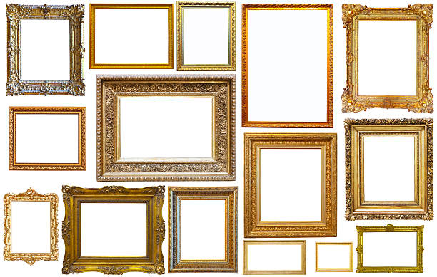 collection of isplated frames collection of isolated old fashioned empty art frames in different shapes gold colored photos stock pictures, royalty-free photos & images