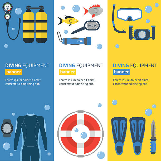tauchen banner flache design-stil. vektor - oxygen tank underwater diving diving wetsuit stock-grafiken, -clipart, -cartoons und -symbole