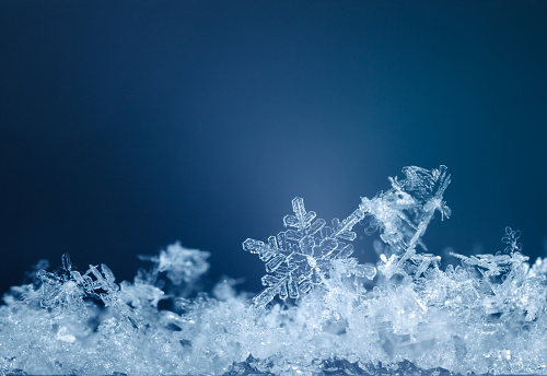 Macro of snowflakes in snowdrift over blue background at snowy Christmas night