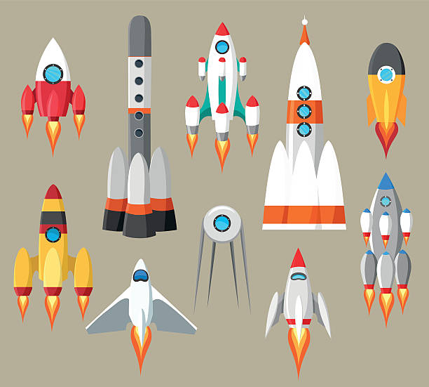 만화 로켓 아이콘 - rocket spaceship retro revival ufo stock illustrations