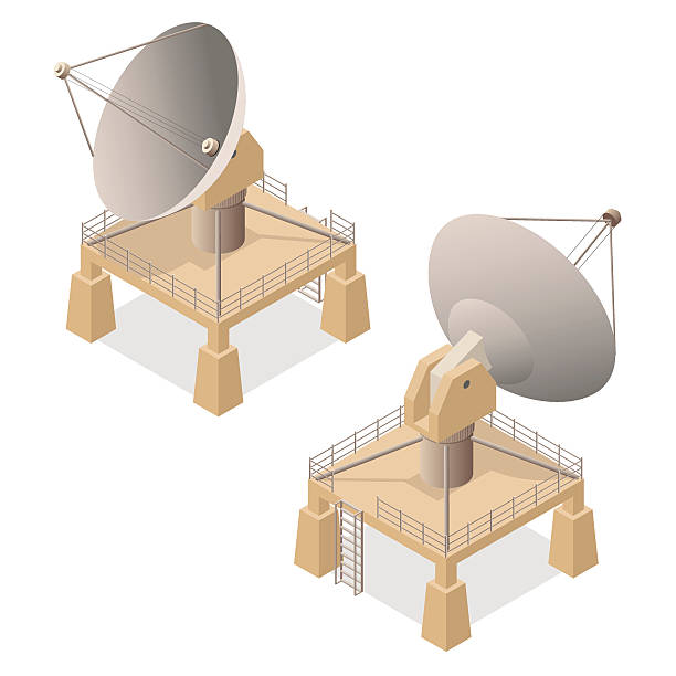 illustrazioni stock, clip art, cartoni animati e icone di tendenza di vista isometrica parabola satellitare. vettore - radio wave wireless technology wave pattern computer network