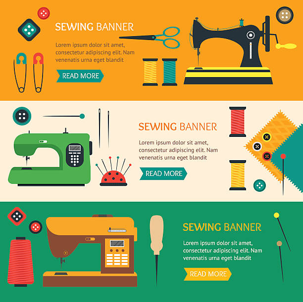 ilustrações de stock, clip art, desenhos animados e ícones de sewing banner flat design style. vector - sewing tailor thread sewing kit