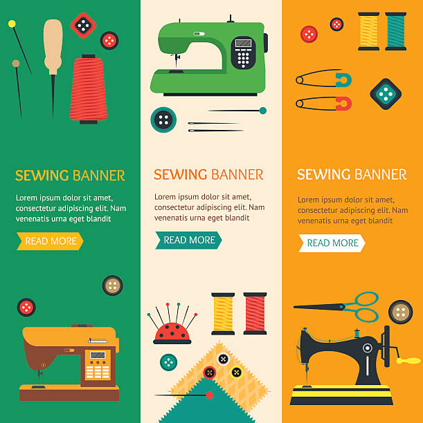 ilustrações de stock, clip art, desenhos animados e ícones de sewing banner flat design style. vector - sewing tailor thread sewing kit