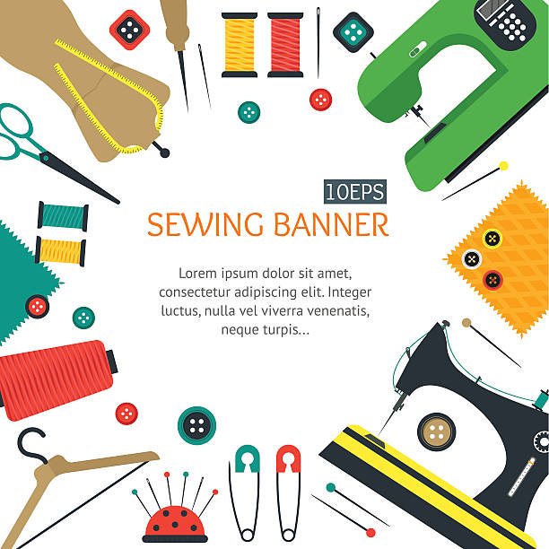 ilustrações de stock, clip art, desenhos animados e ícones de sewing banner flat design style. vector - sewing tailor thread sewing kit