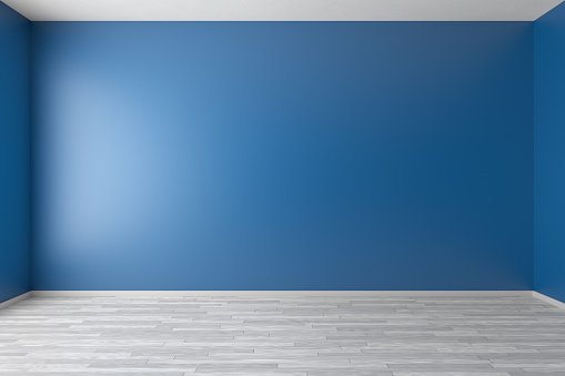 Empty room with blue walls, white hardwood parquet floor and soft skylight from window, simple minimalist interior architecture background with copy-space, 3d illustration