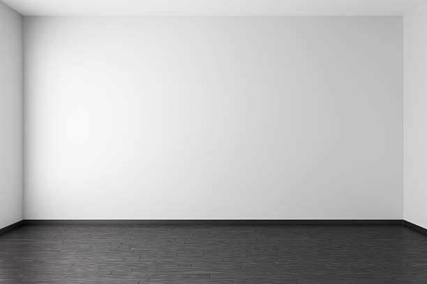 istock Empty white room with black parquet floor 617750806