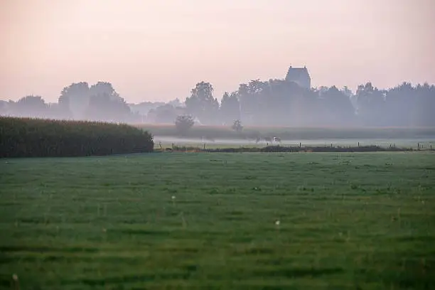 Ancient churchtower of dutch rural village over misty corn field. Geesteren. Gelderland. The Netherlands.