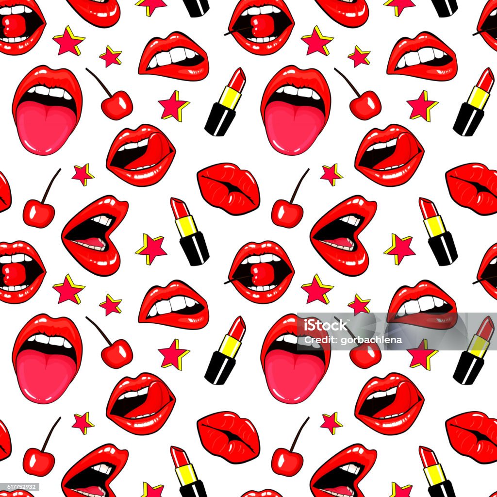 Seamless pattern with fashion patch badges. lips, kissing mouth, lipstick. Seamless pattern with fashion patch badges with lips, kissing, open mouth, hearts, tongue, stars. Vector background with stickers, pins, patches in cartoon 80s-90s comic style. Comic Book stock vector