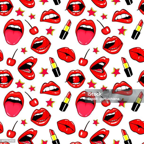 Seamless Pattern With Fashion Patch Badges Lips Kissing Mouth Lipstick Stock Illustration - Download Image Now