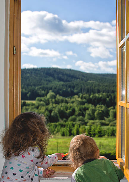istock Two little children looking out the window 617754594