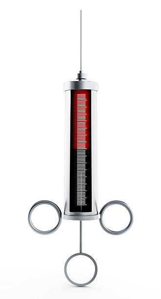 Vintage syringe with red liquid isolated on white.