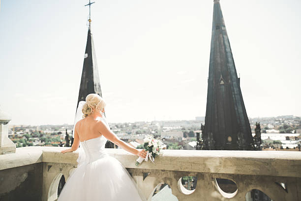 istock Beautiful luxury bride on the balcony with perfect landscape 617757848