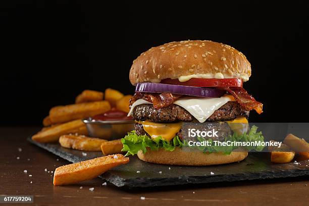 Steakhouse Double Bacon Cheeseburger Stock Photo - Download Image Now - Burger, Hamburger, French Fries