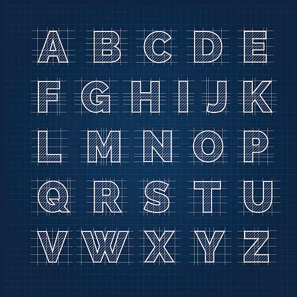 Blueprint drafting alphabet Blueprint vector drafting alphabet. Blueprint sketch roman font on dark background blueprint stock illustrations
