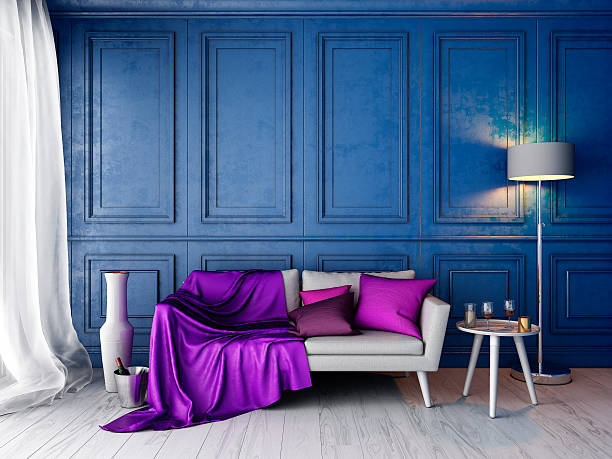 istock Interior in classic style with blue wall white sofa mockup 617759856