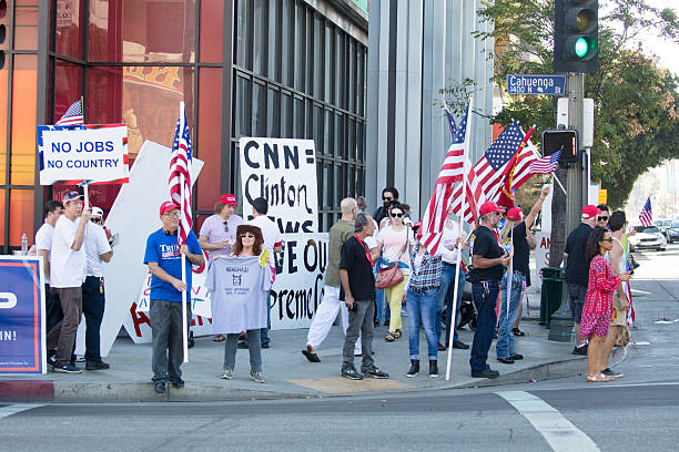 Donald Trump Rally in Hollywood Los Angeles, United States - October 22, 2016: A pro Donald Trump rally outside a CNN building on Sunset Blvd in Hollywood, Los Angeles. hillary clinton stock pictures, royalty-free photos & images