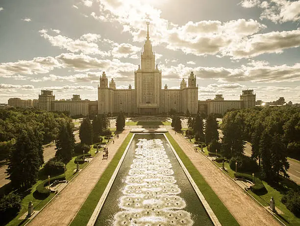 Aerial view of Lomonosov Moscow State University (MGU, MSU) on Sparrow Hills, Moscow, Russia