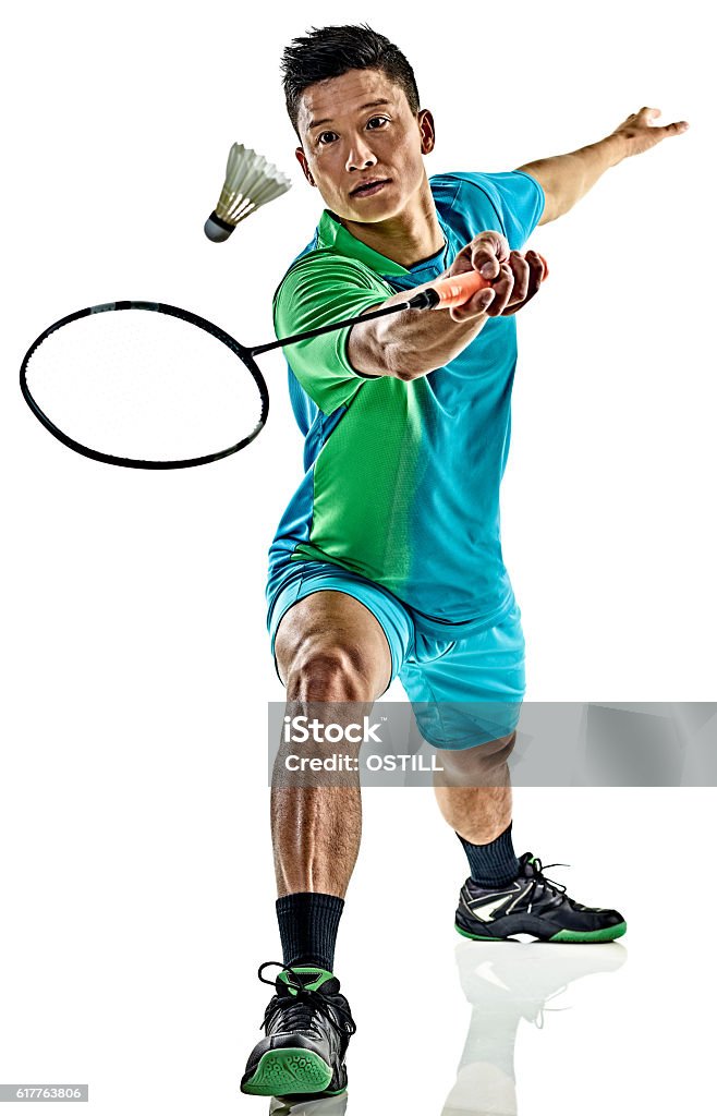 asian badminton player man isolated one asian badminton player man isolated on white background Badminton - Sport Stock Photo