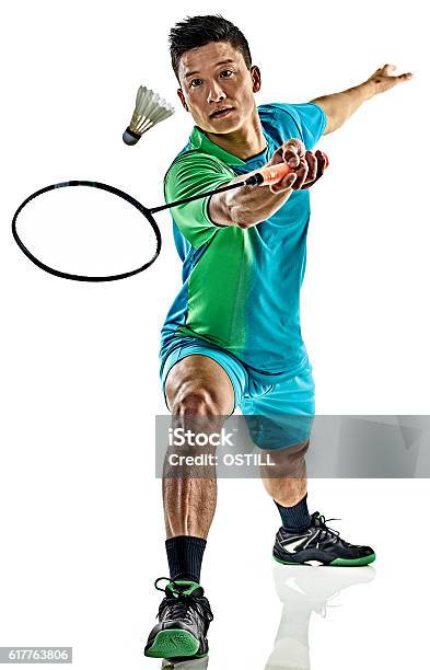 Asian Badminton Player Man Isolated Stock Photo - Download Image Now - Badminton - Sport, Asian and Indian Ethnicities, Cut Out