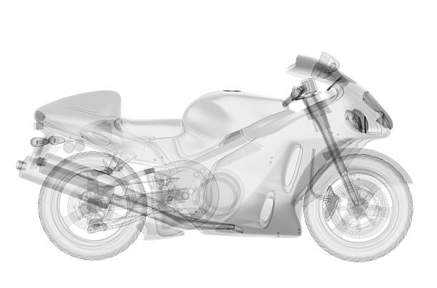 Detailed 3D racing motorcycle model on white background.