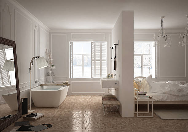 istock Bedroom & bathroom in scandinavian style 617766514