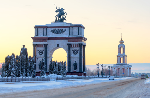 Kursk city, Russia. Famous landmark of the city - The triumphal arch and Temple Martyr St. George of the memorial complex \