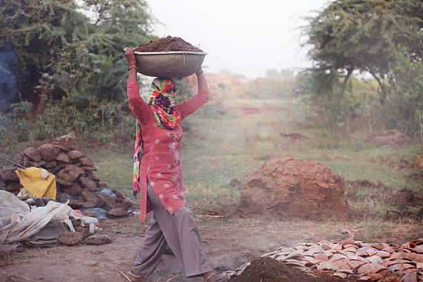 Women carrying fertilizer of Shallowpan Village rural Indian women carrying Shallowpan of fertilizer. cow dung stock pictures, royalty-free photos & images