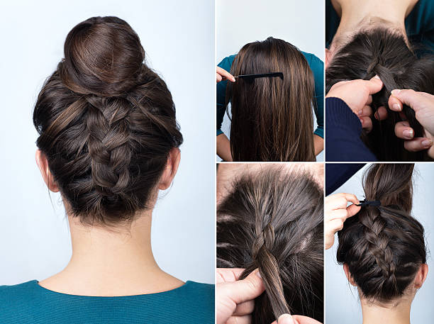 hairstyle braid bun tutorial modern hairstyle reverse braided bun. Hairstyle tutorial for long hair. Hairstyle. Tutorial. Upside down french braid with bun. Braided bun braided buns stock pictures, royalty-free photos & images