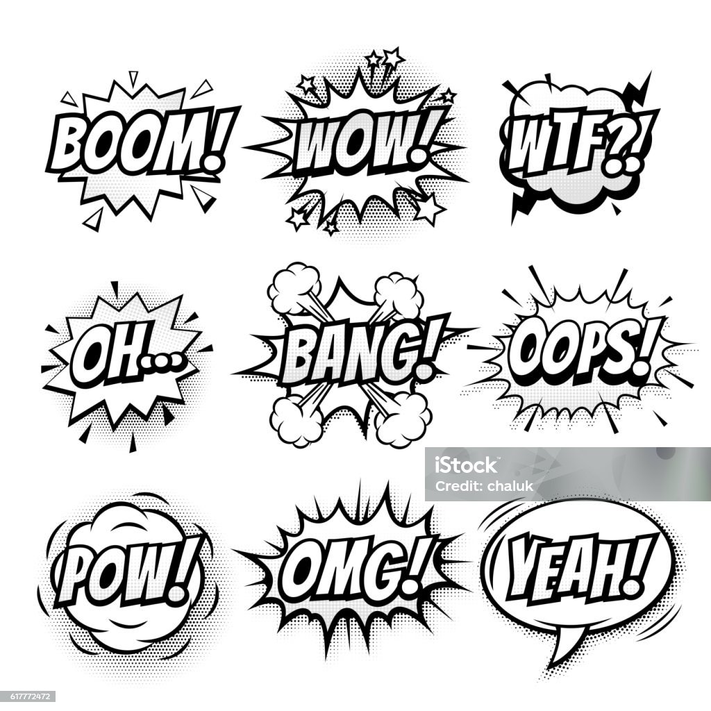 Vector comic speech doodle sketch bubbles set Vector comic speech bubble, sound effects with phrase Boom, Wow, WTF, Oh, Bang, Oops, Pow, OMG, Yeah. Comic cartoon sound doodle sketch bubble speech on transparent background Pow - Single Word stock vector