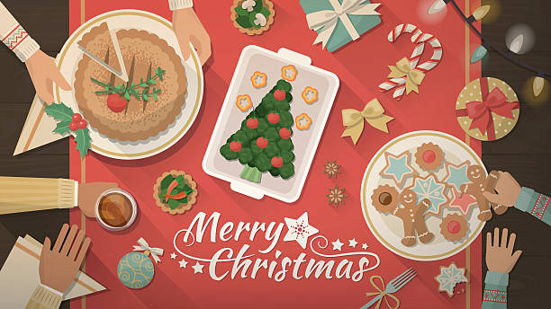ilustrações, clipart, desenhos animados e ícones de família celebrando o natal em casa - vegetarian food creativity vegetable humor