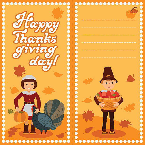 아이 잎과 축하 편지와 해피 추수 감사절 카드 - thanksgiving pilgrim turkey little girls stock illustrations