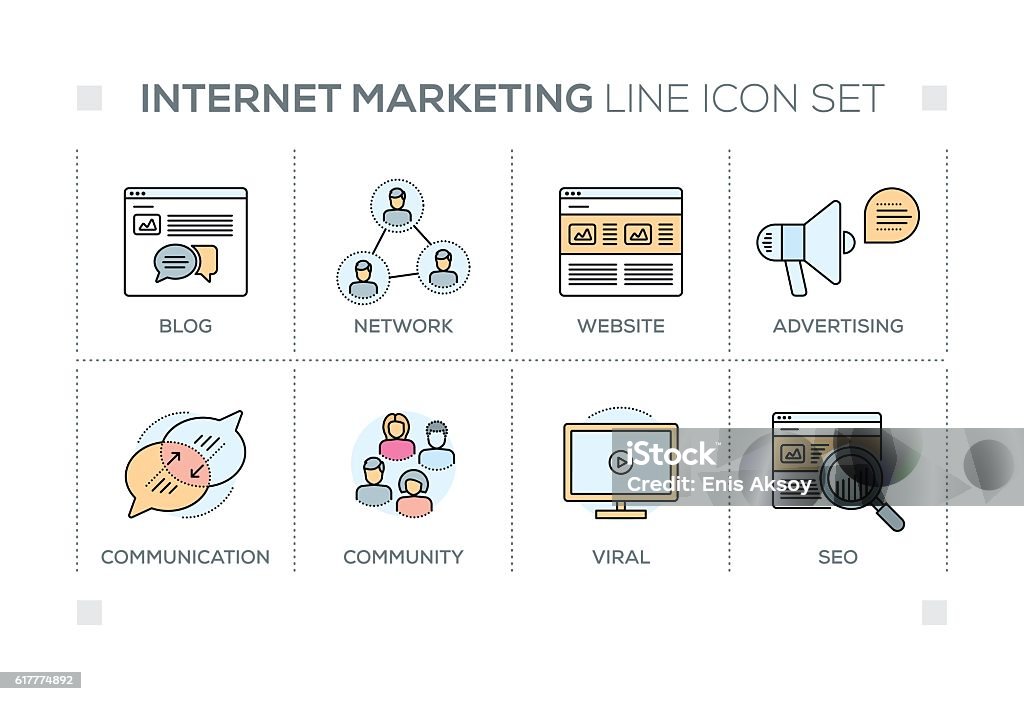 Internet Marketing keywords with line icons Internet Marketing chart with keywords and line icons Infographic stock vector