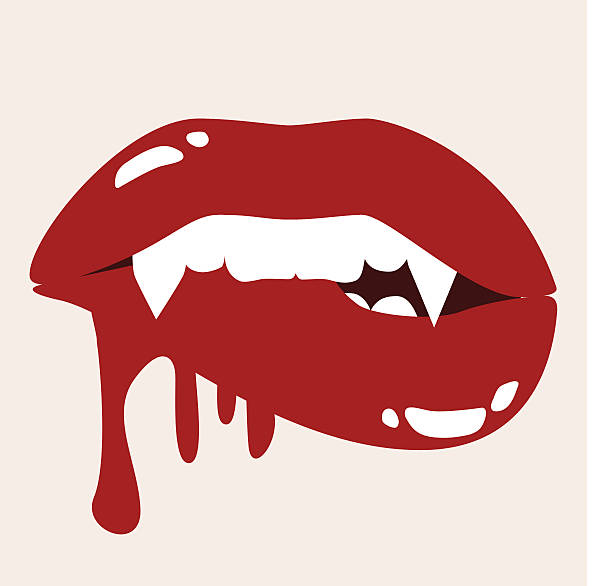 Sexy Vampire Biting Lips With Blood Sexy Vampire Biting Lips With Blood - Cartoon Halloween Stock Card Vector Illustration vampire illustrations stock illustrations