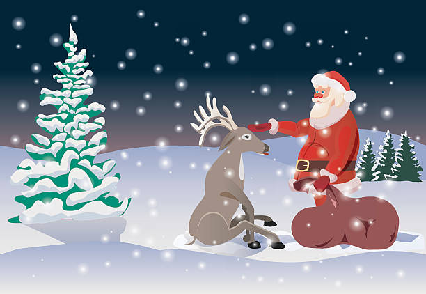 вектор рождественская иллюстрация санта-клауса и ногоного оленя - red nosed illustrations stock illustrations
