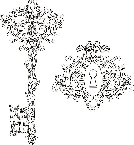 ilustrações de stock, clip art, desenhos animados e ícones de vintage key and lock contours in beautiful curls - skeleton key