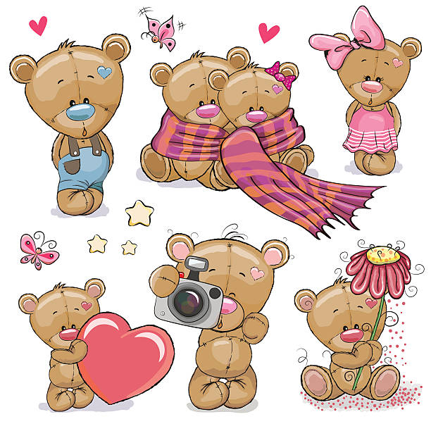Set of Cute Cartoon Teddy Bear Set of Cute Cartoon Teddy Bear on a white background teddy bear camera pictures stock illustrations