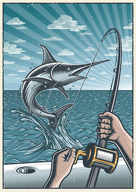 Vintage deep sea fishing poster Vintage deep sea fishing background with hands holding fishing rod, catching swordfish in the open sea on the boat. With grunge texture. Layered, separate texture. fishing industry illustrations stock illustrations
