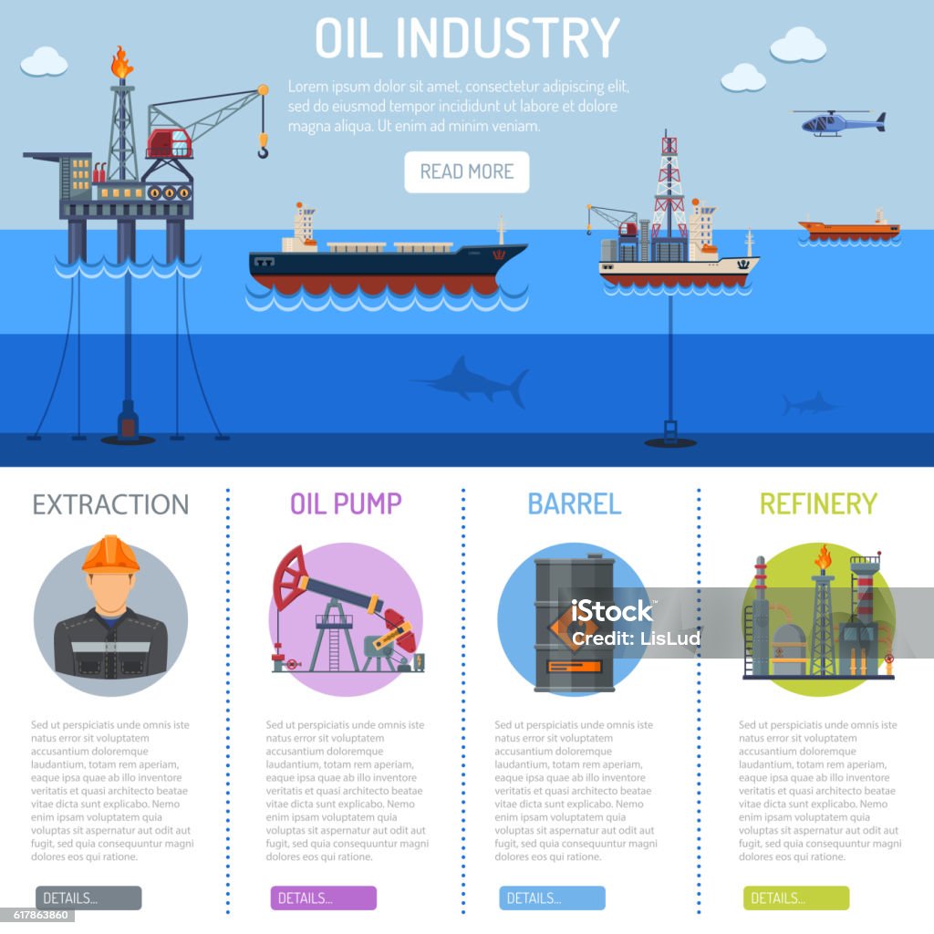 Oil industry Infographics Oil industry Infographics with Flat Icons extraction refinery and transportation oil and petrol with oil pump, oil platform and cargo tank. vector illustration. Offshore Platform stock vector