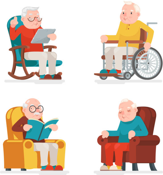 illustrazioni stock, clip art, cartoni animati e icone di tendenza di personaggi vecchio sedersi sonno web surf leggere poltrona sedia a rotelle - senior adult surfing aging process sport