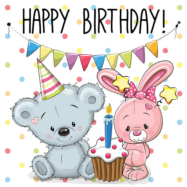 illustrazioni stock, clip art, cartoni animati e icone di tendenza di biglietto d'auguri coniglio e orso - baby congratulating toy birthday